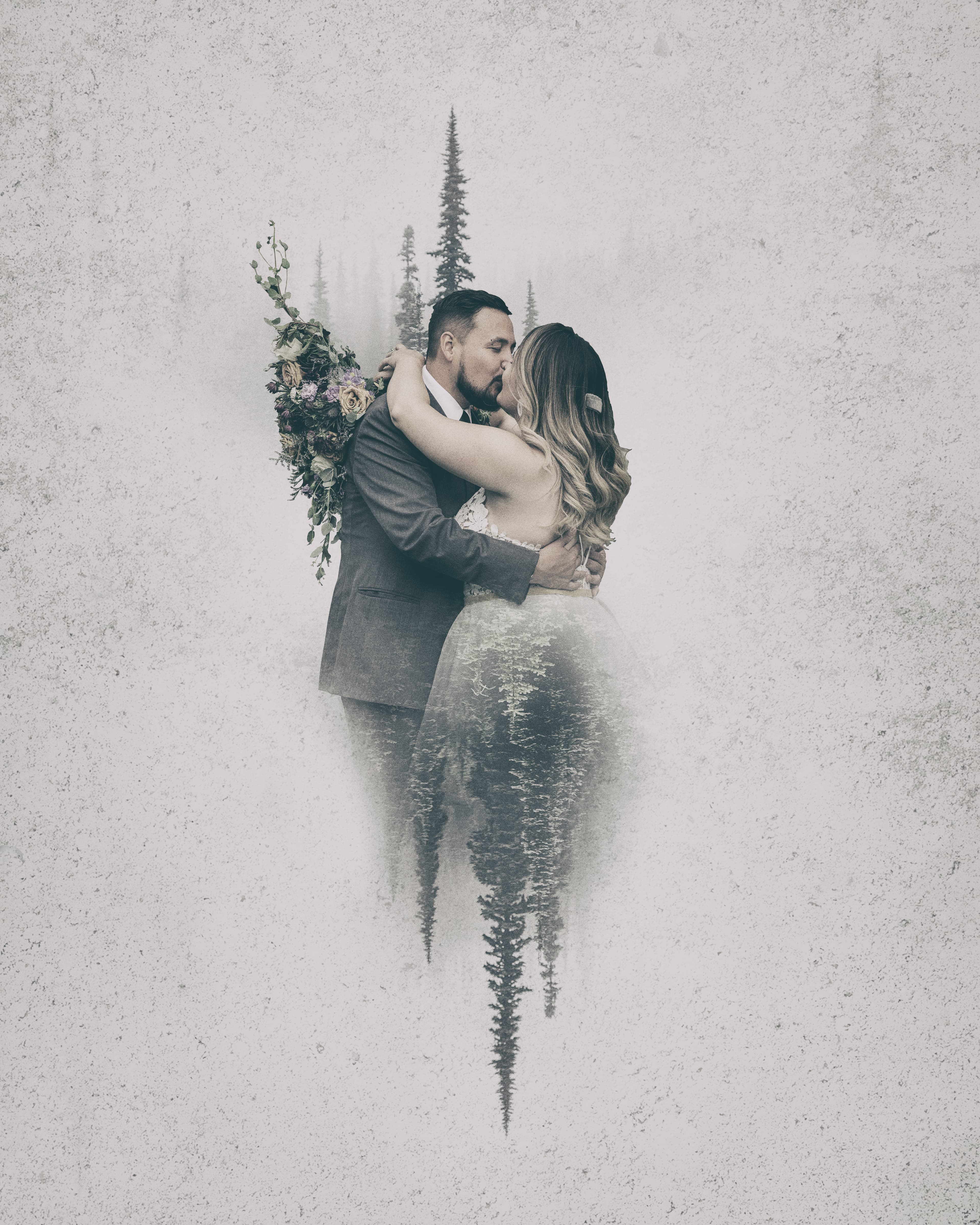 Creative double-exposure wedding portrait with a forest landscape
