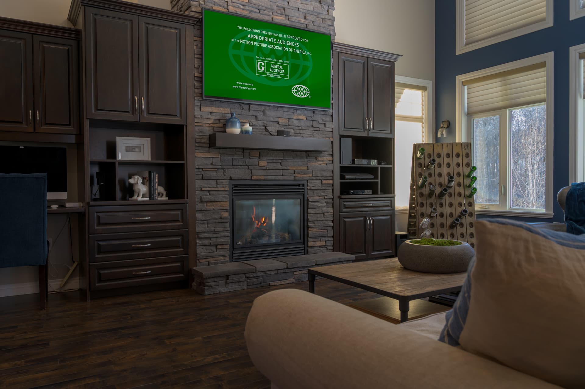 A custom living room photographed for a real estate listing